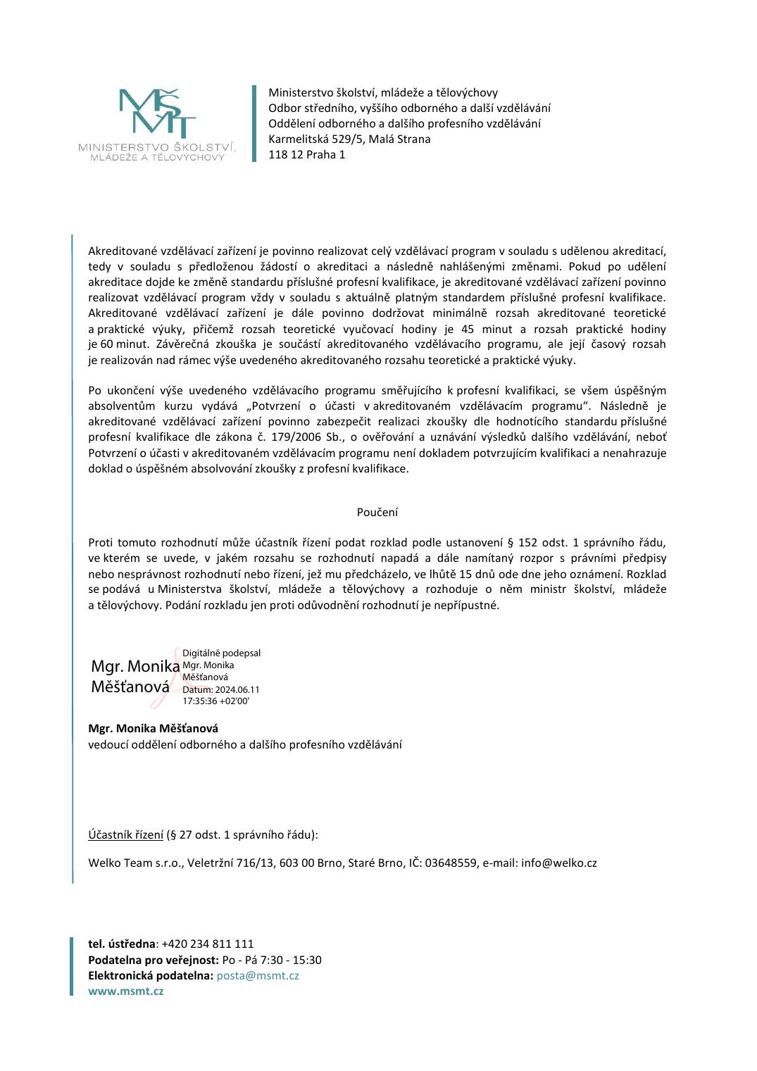 Rozhodnutí MŠMT ČR (č. j. MSMT-4419/2024-5, červen 2024) — strana 2