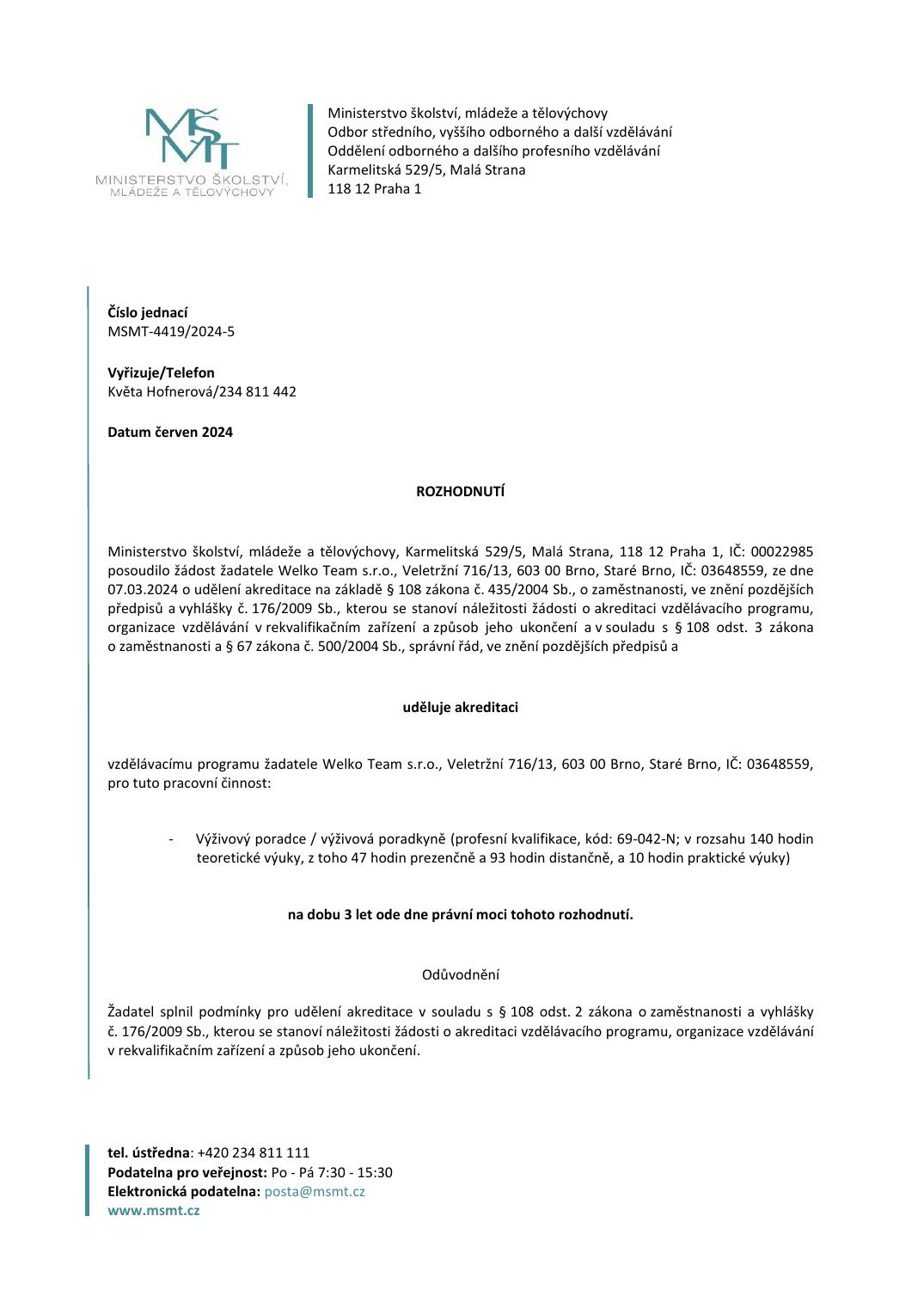 Rozhodnutí MŠMT ČR (č. j. MSMT-4419/2024-5, červen 2024)